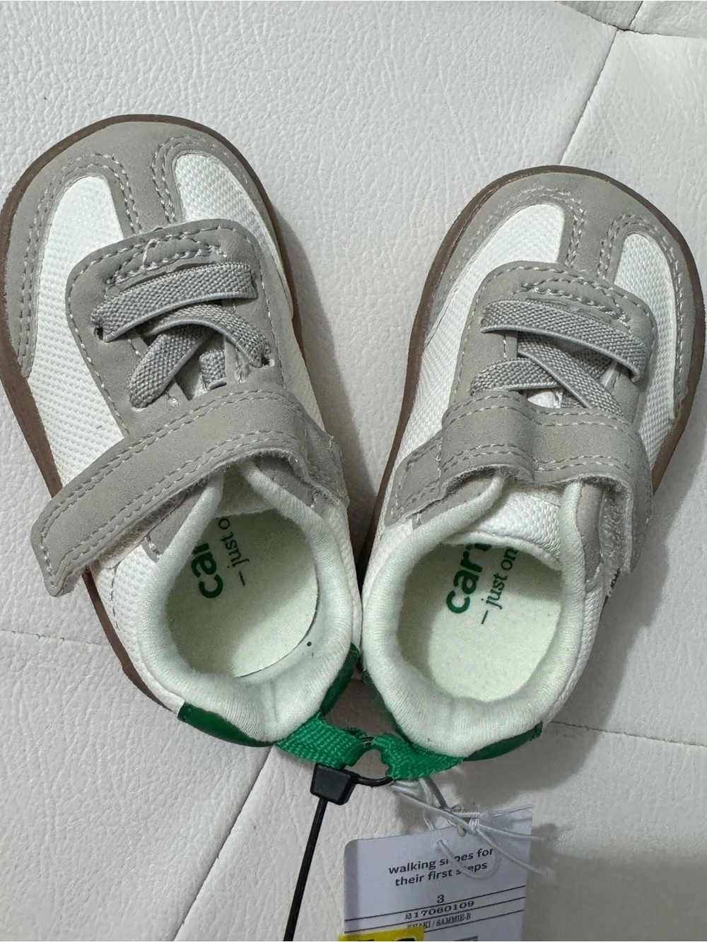 Carter's White and Gray Baby Walker Sneakers with Green Heel Tab